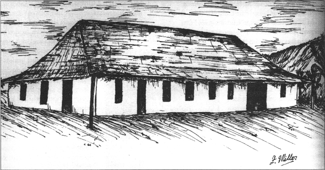 Dr. Geddie’s church at Anelgauhat, sketched from an old photo, by Francis Miller.
